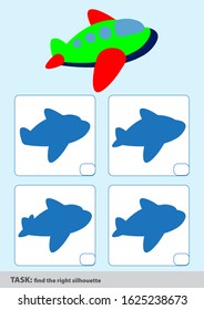 Educational game for preschoolers. Find the right silhouette. Airplane. Vector