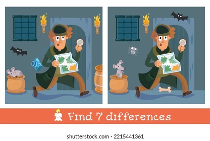 Educational game, puzzle for children. Find 7 differences. Detective with magnifying glass and map on street of old town. Vector illustration.