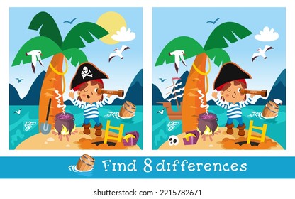 Educational game, puzzle for children. Find 8 differences. Cute pirate on desert island. Ocean, palm tree, nature. Vector illustration.