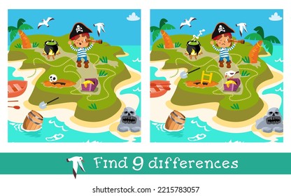 Juego educativo, rompecabezas para los niños. Encuentra 9 diferencias. Un pirata aburrido en una isla desierta. Océano, palmera, naturaleza. Ilustración vectorial.