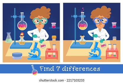 Educational game, puzzle for children. Find 7 differences. Scientist chemist among objects. Tools in lab in cartoon flat style. Vector illustration.