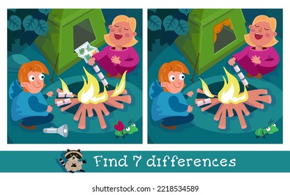 Educational game, puzzle for kids. Find 7 differences. Children with marshmallows by fire in forest. Hike in woods. Cute characters near tent. Vector illustration.