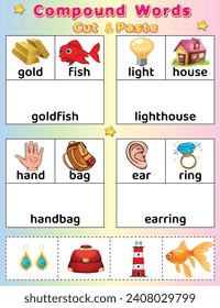 Educational game for smart kids, Printable Compound Words Worksheet. Matching compound words to pictures. Worksheet for class or at home with the kids. goldfish, lighthouse, earring, handbag