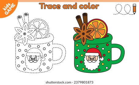 Educational game Tracing lines for children. Cartoon Christmas cocoa mug with cinnamon. Handwriting practice worksheet with holiday New Year drink cup. Page of the kids coloring activity book. Vector.