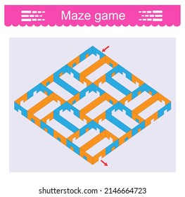 Educational game to train your brain. Maze game with entrance and exit indicated by arrows. Vector illustration. 