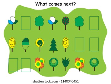 Educational game What comes next. Cute trees on the green background.Vector illustration.