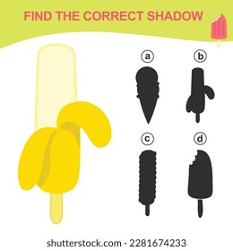 Educational game worksheet for children find the correct shadow silhouette of banana ice cream. Printable worksheet with vector illustrations format. Shadow matching game.