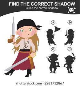Educational game worksheet for children find the correct shadow silhouette of the pirate lady holding a gun and a sword. Printable worksheet with vector illustrations format. Shadow matching game.