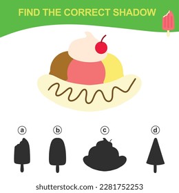 Educational game worksheet for children find the correct shadow silhouette of banana split ice cream. Printable worksheet with vector illustrations format. Shadow matching game.