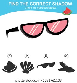 Educational game worksheet for children finding the correct shadow silhouette of kawaii cartoon summer items. Printable worksheet with vector illustrations format. 