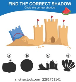 Educational game worksheet for children finding the correct shadow silhouette of kawaii cartoon summer items. Printable worksheet with vector illustrations format. 