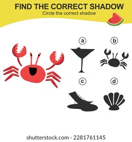 Educational game worksheet for children finding the correct shadow silhouette of kawaii cartoon summer items. Printable worksheet with vector illustrations format. 