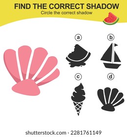 Educational game worksheet for children finding the correct shadow silhouette of kawaii cartoon summer items. Printable worksheet with vector illustrations format. 