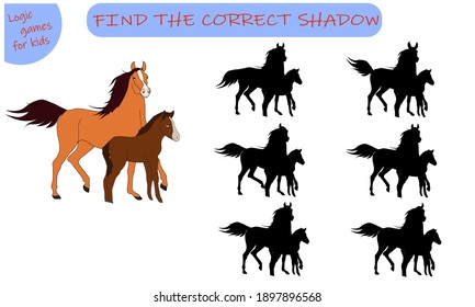 Educational games for children, cartoons for preschool children. Find a suitable shade for the horse and foal. Vector illustration isolated on white background