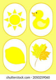 Educational games for children. Cognitive material we teach colors. Yellow, duckling, lemon, maple leaf, sun.