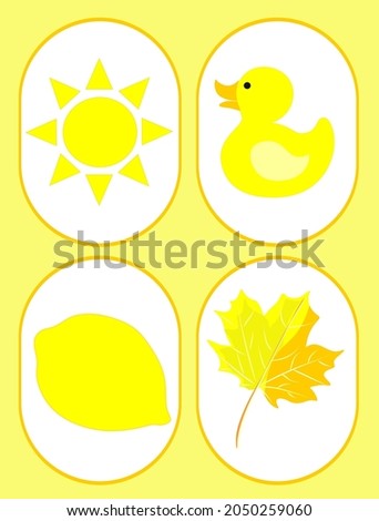 Educational games for children. Cognitive material we teach colors. Yellow, duckling, lemon, maple leaf, sun.