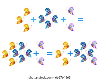 Educational games for children. Differently calculate the sum of the three conjunction, examples with butterflies. 