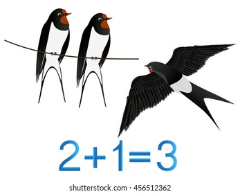 Educational games for children, formation number three, example with swallows. 