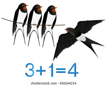 Educational games for children, formation number four, example with swallows. 