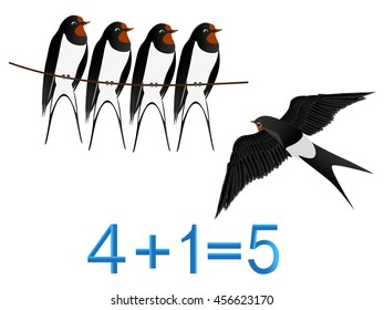 Educational games for children, formation number five, example with swallows.