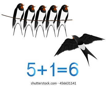 Educational games for children, formation number six, example with swallows.