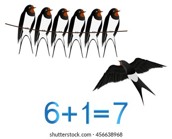 Educational games for children, formation number seven, example with swallows.