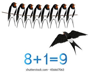 Educational games for children, formation number nine, example with swallows.