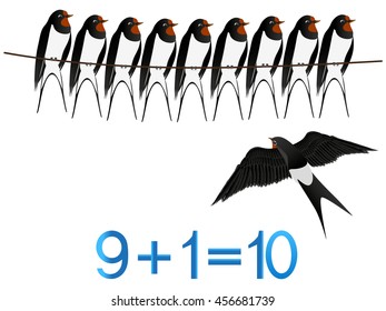 Educational games for children, formation number ten, example with swallows.