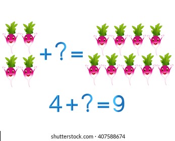Educational games for children, mathematical addition, example with radishes.