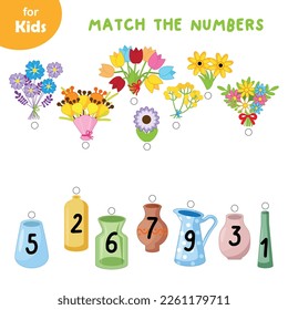 Educational games for children. Mathematics Combine bouquets with vases, numbers.