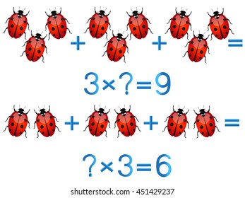Educational games for children, multiplication action, example with ladybirds. 