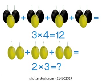 Educational games for children, multiplication action, example with olives.