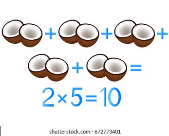 Educational games for children, multiplication action, example with coconuts.