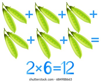 Educational games for children, multiplication action, example with pea pods.