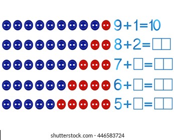 Educational games for children, on the composition of the ten, example with buttons.
