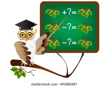 Educational games for children with owl teacher, action relationship of addition and subtraction, cartoon illustration.