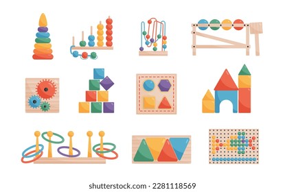 Educational games flat color set of constructor piramide and other montessori toys for children isolated vector illustration