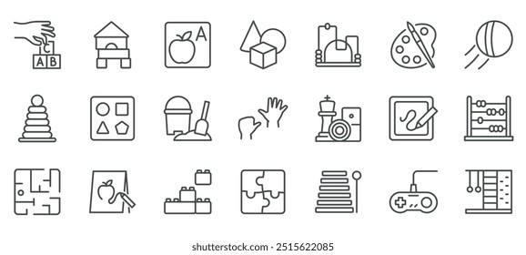 Conjunto de iconos de Juegos educativos. Iconos lineales que representan herramientas de aprendizaje interactivo para niños, incluidos bloques de alfabeto, ábaco, rompecabezas, pintura, juguetes de construcción, juegos de arena y Juegos de pensamiento lógico.
