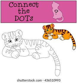 Educational games for kids: Connect the dots. Little cute baby tiger lays and smiles.