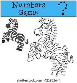 Educational games for kids: Numbers game. Little cute striped zebra smiles.
