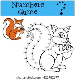 Educational games for kids: Numbers game with contour. Little cute squirrel.