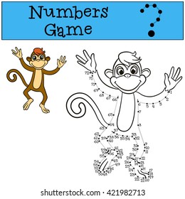Educational games for kids: Numbers game with contour. Little cute brown monkey smiles.