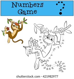 Educational games for kids: Numbers game with contour. Little cute brown monkey smiles.