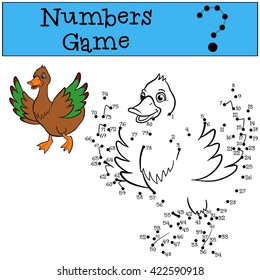 Educational games for kids: Numbers game. Little cute duck waves her wings and smiles.