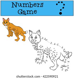 Educational games for kids: Numbers game with contour. Little cute lynx stands and smiles.