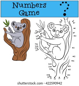 Educational games for kids: Numbers game. Little cute koala sits in the tree and holds a leaf.