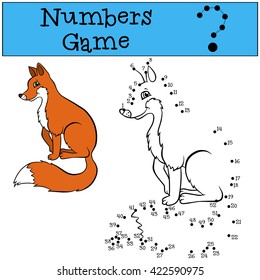 Educational games for kids: Numbers game. Little cute fox sits and smiles.