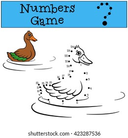 Educational games for kids: Numbers game. Little cute duck swims and smiles.