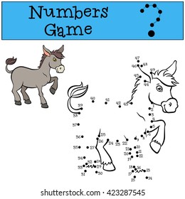 Educational games for kids: Numbers game. Little cute donkey stands and smiles.