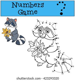 Educational games for kids: Numbers game with contour. Little cute raccoon holds an oak twig and smiles.